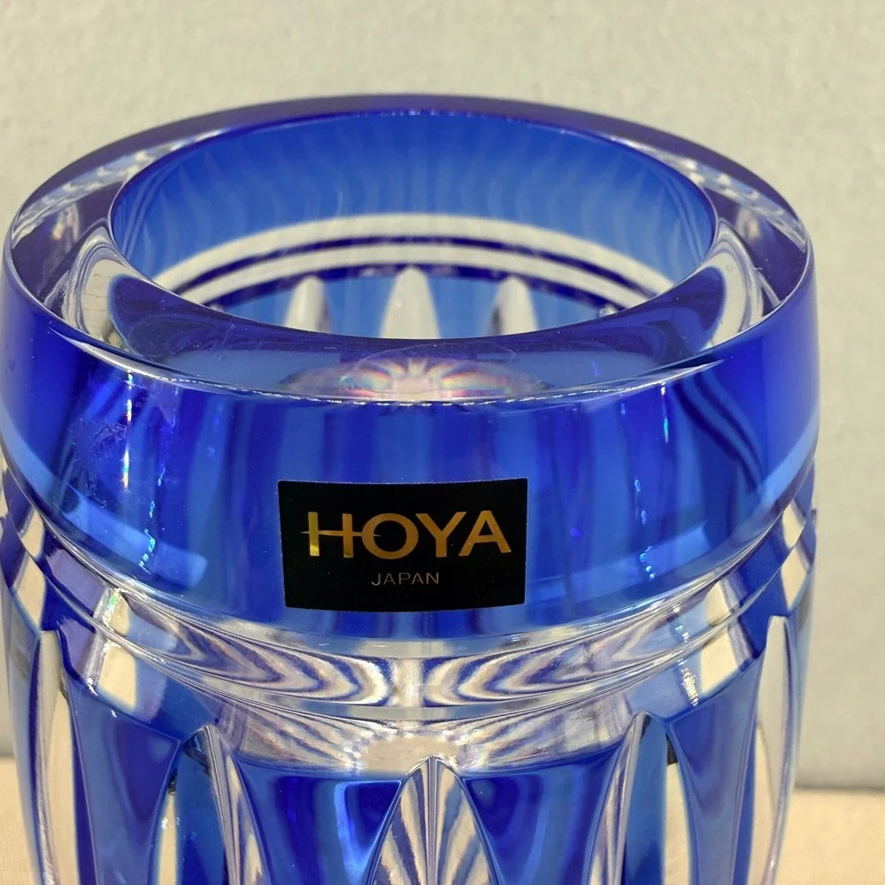 Hoya Cobalt Blue Cut Crystal‎ Vase Japanese Modernist Faceted 8